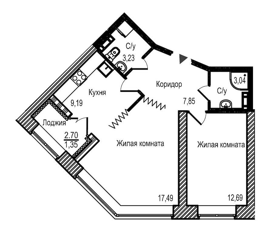 Двухкомнатная квартира в : площадь 54.84 м2 , этаж: 3 - 4 – купить в Санкт-Петербурге